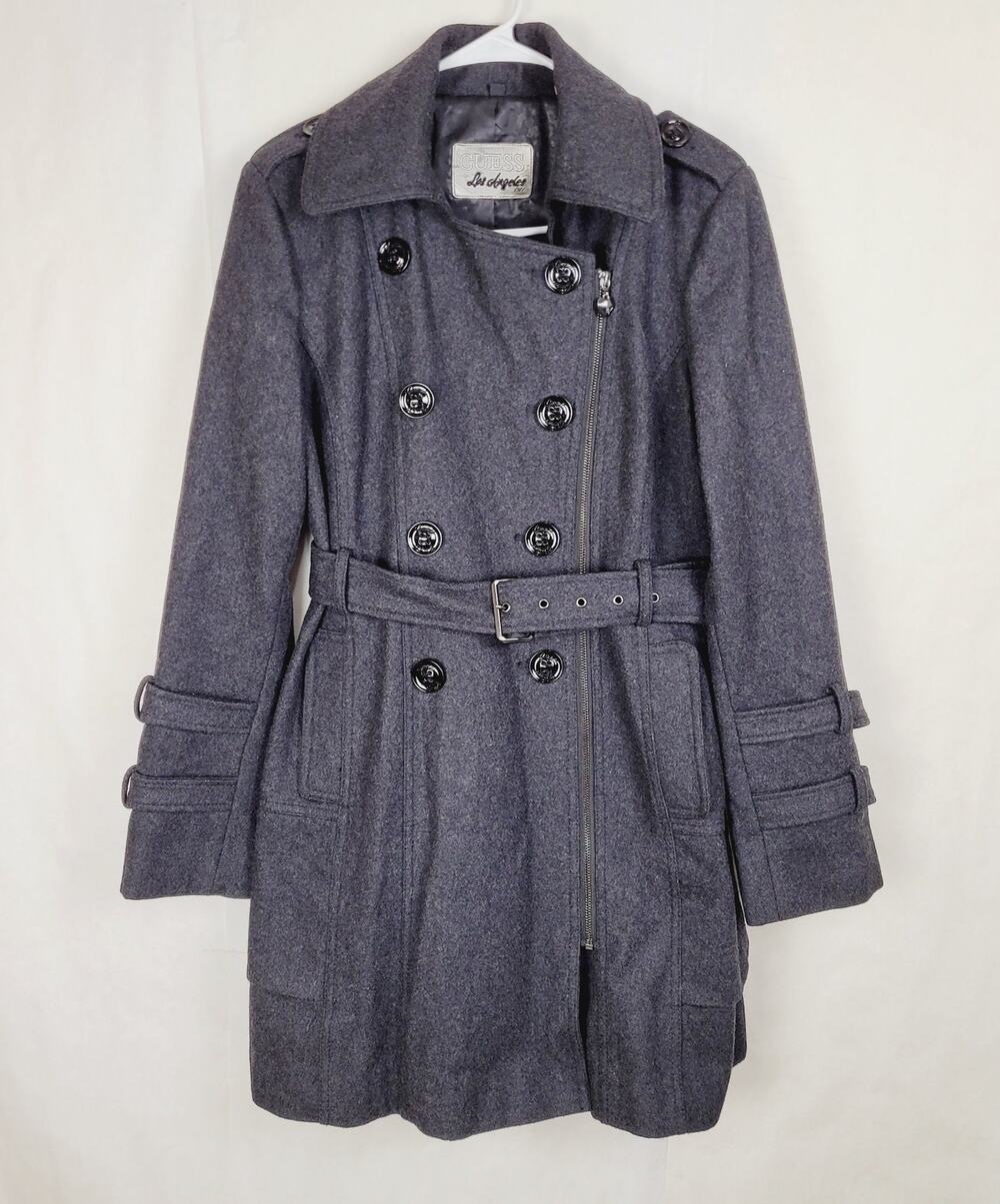 Guess grey wool belted trench coat Size large double breasted belted Y2K Preppy